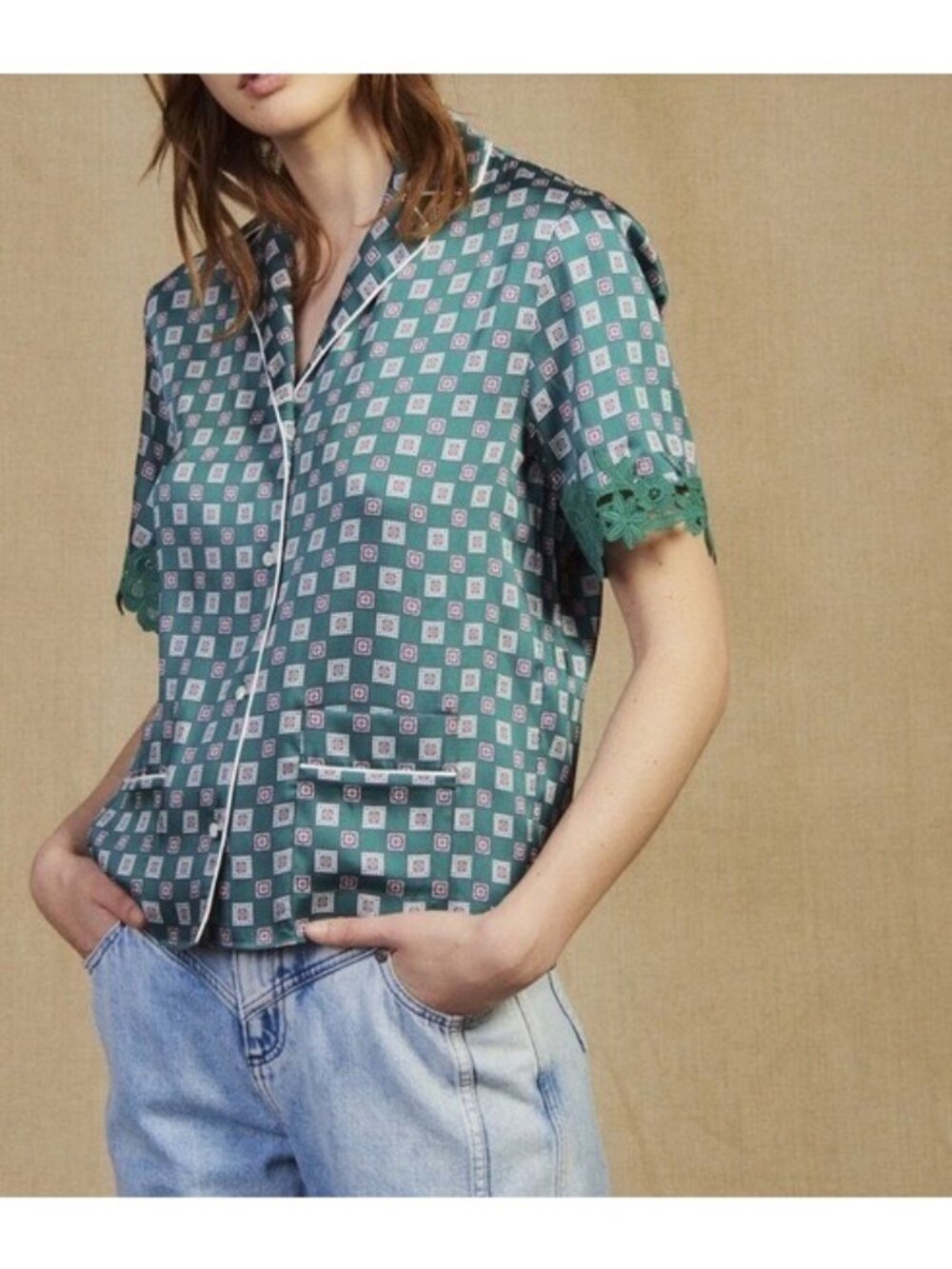 V-38. Sandro Hena Printed Pajama-Style Top